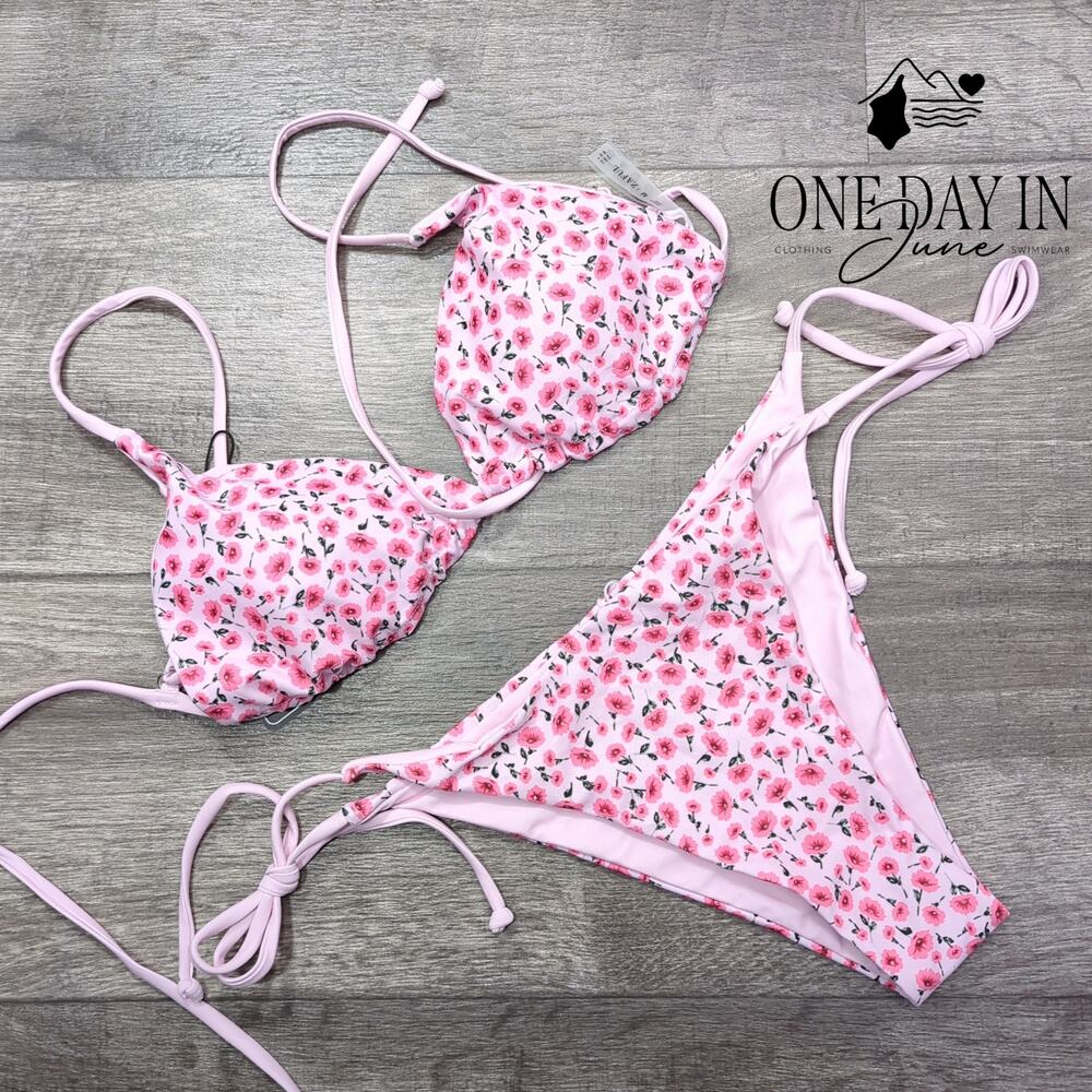 Zaful Floral Triangle Tie Side String Bikini Swimsuit Pink NWT Size M